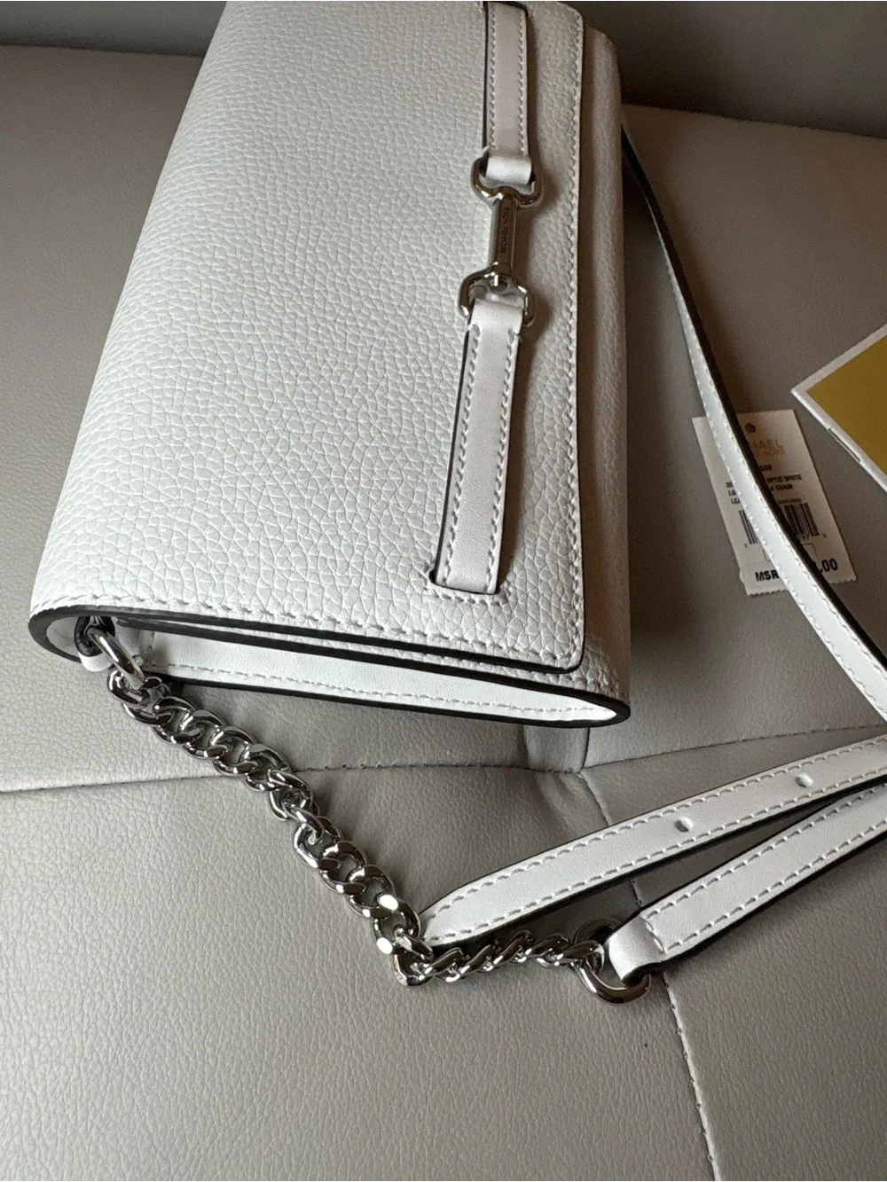 MICHAEL Michael Kors Optic White Leather Crossbody Clutch with Silver Chain